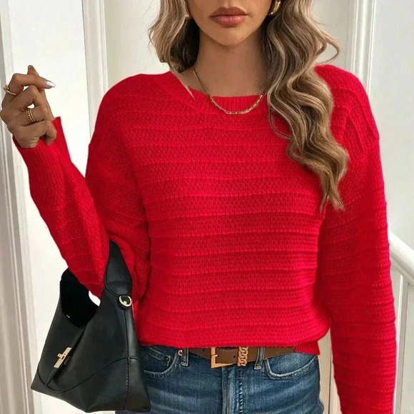 Red Casual Women's Elegant Bowknot Decor Drop Shoulder Sweater - Picture 5 of 6